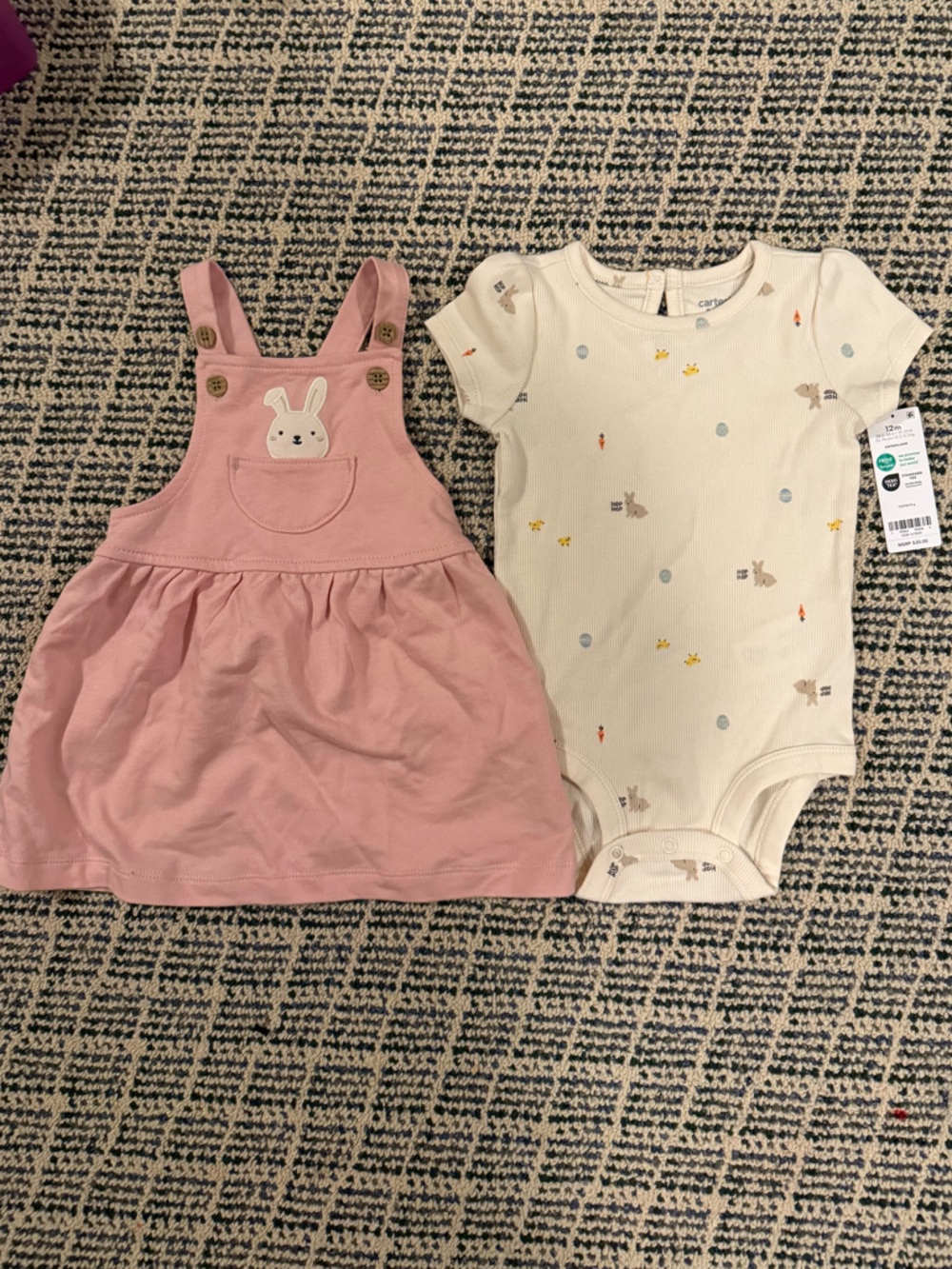 Baby Girl Two-Piece Outfit —Cream Printed Onesie & Dusty Rose Bunnt Pinafore NWT